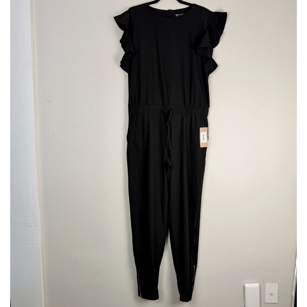 Albion Fit 9 To 9 Jumpsuit Women Medium Black Ruffle Sleeve Ankle Zip Drawstring